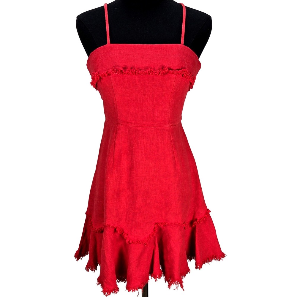 Women's Saints + Secrets Size XS Red Linen Fringe Ruffle Mini Dress Boho Beachy